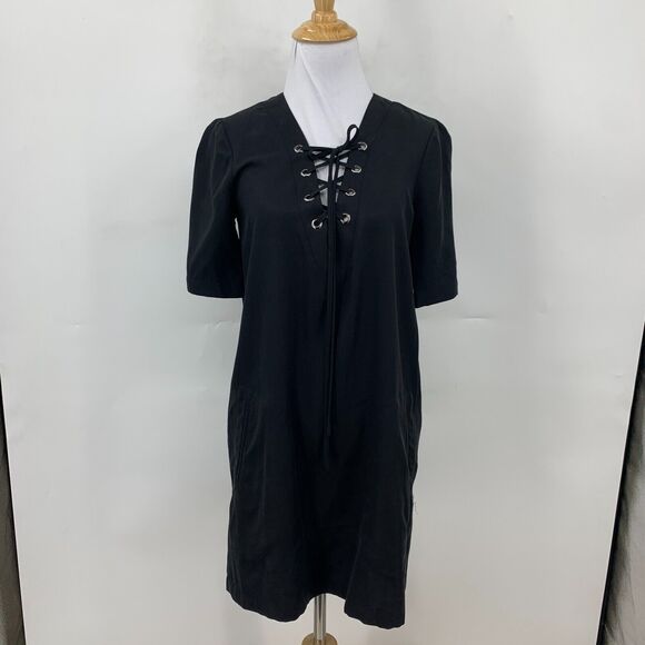 BCBGeneration Shift Mini Shirt Dress Womens XXS 2XS Black Lace Up Pockets - Picture 3 of 16